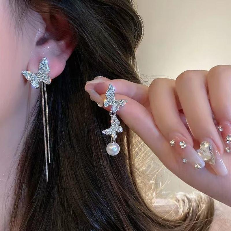Light Luxury High-end Silver Butterfly Pearl Earrings Women's Retro Temperament Ins Style Earrings Niche Versatile Ear Jewelry
