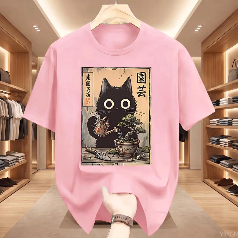 Bonsai Black Cat Tshirt Japanese Style Tee Casual Cotton Short Sleeve Gardening Cat Tees Unisex Unisex Funny Cat Lover Tshirt