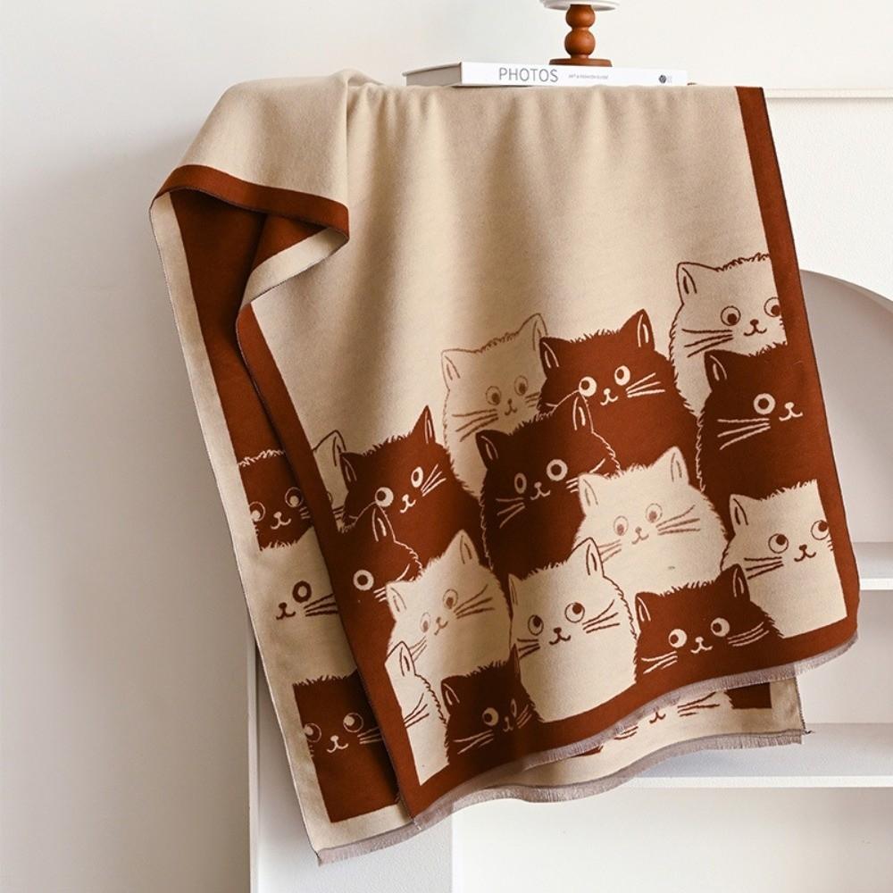 Double Sided Warm Blanket Scarf Large Size Winter Shawl Cat Print Cashmere Scarf  Daily Wear