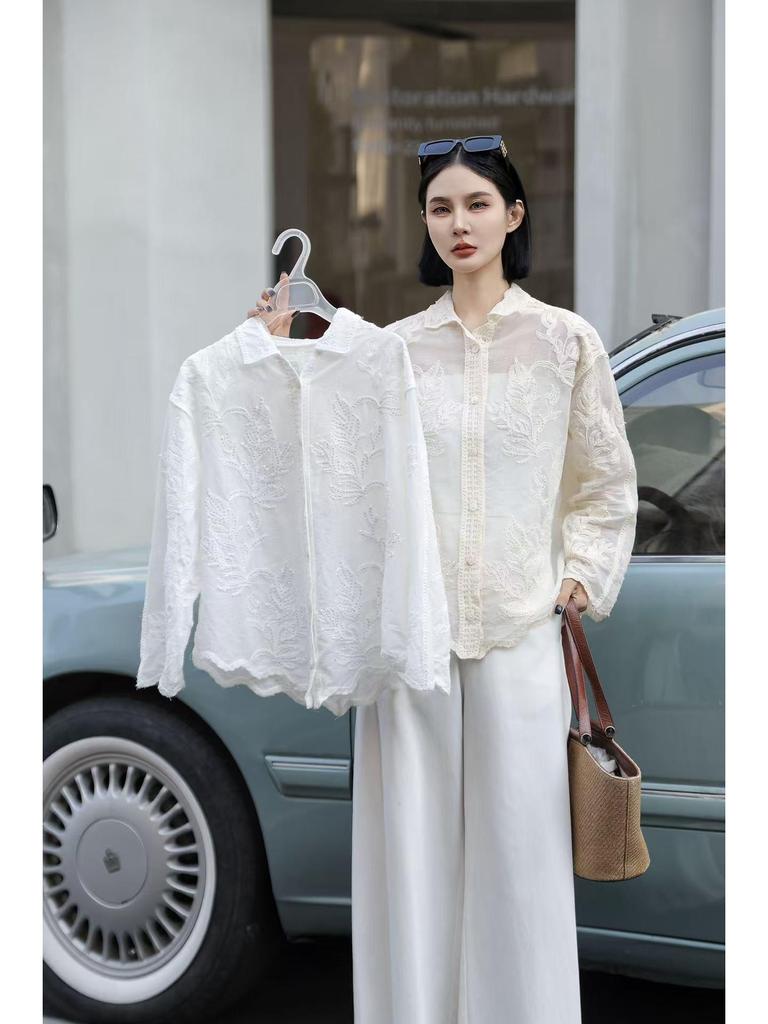 Korean Style Casual Embroidered Long Sleeve Shirt with Irregular Polo Collar