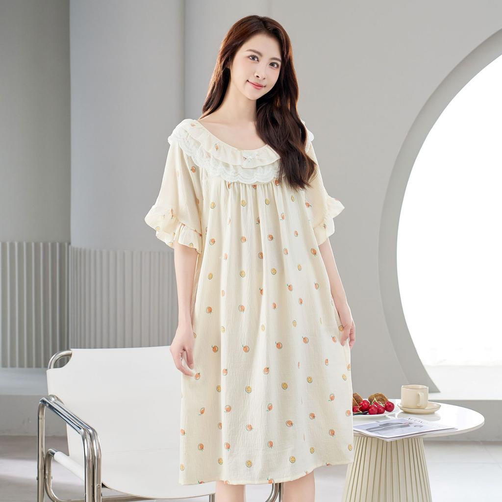 Spot New Women's Spring, Summer and Autumn Clouds Cotton Edge Thin Loose Nightdress Sweet and Cute Loungewear