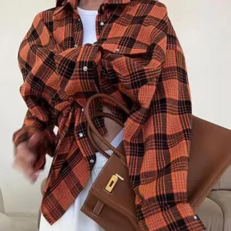 

Универсальная рубашка свободного кроя с лацканами в стиле ретро, с длинными рукавами и карманом, в клетку, женская, для весны и осени XL