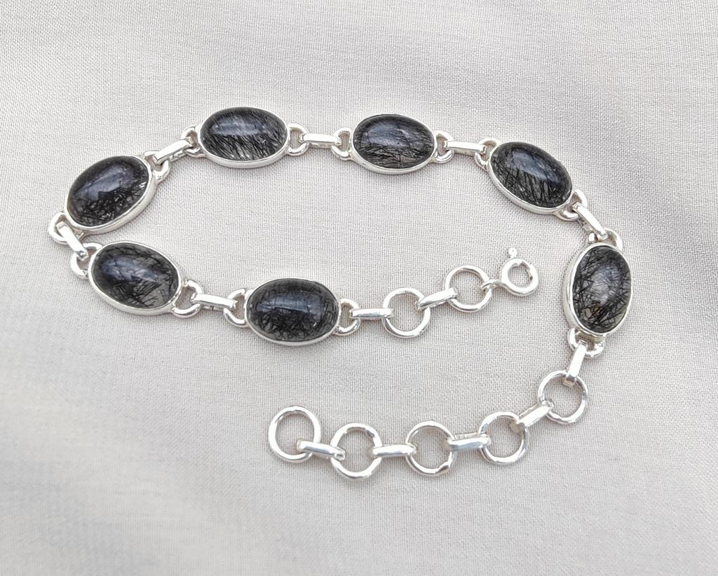 Black Rutile 925 Sterling Silver Bracelet: Adjustable Gemstone Jewelry