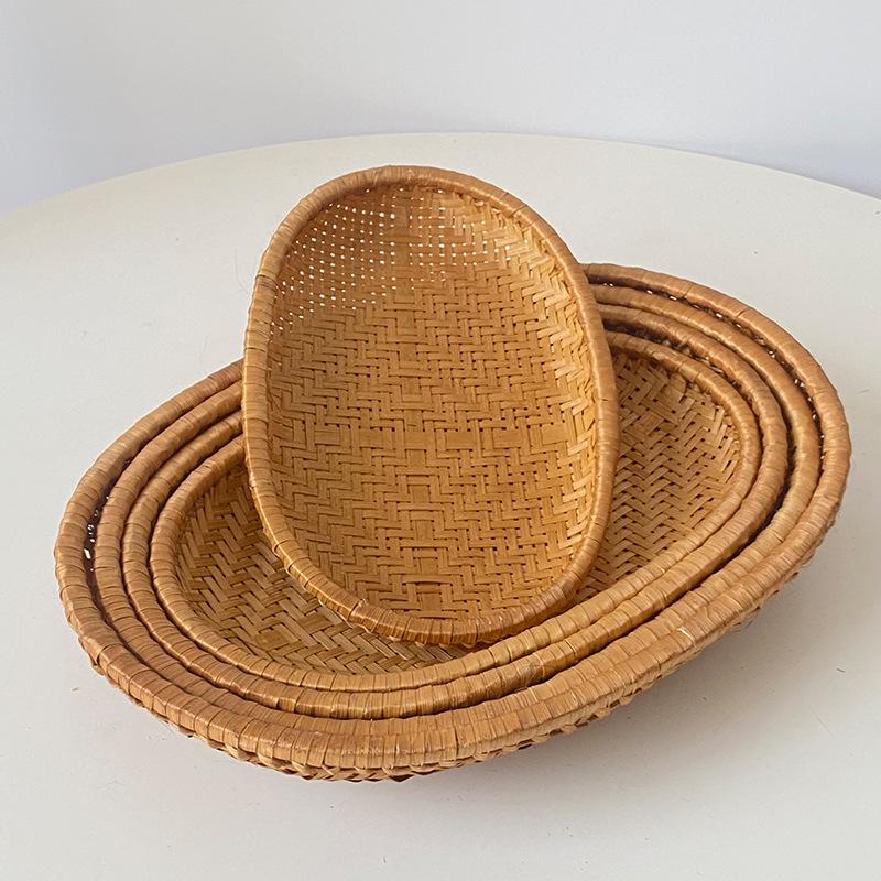 Smoked Bamboo Oval and Round Basket Set: Storage, Sieving, Winnowing, and Fruit or Bun Presentation