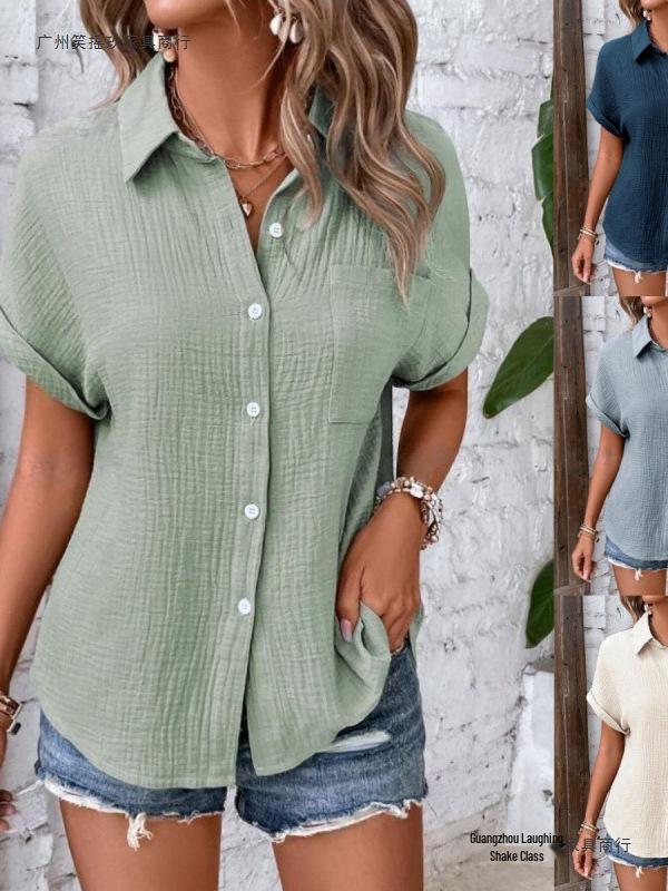 European American Women's Cotton Shirt - 2026 Summer Collection: Solid Color Casual Button-Up