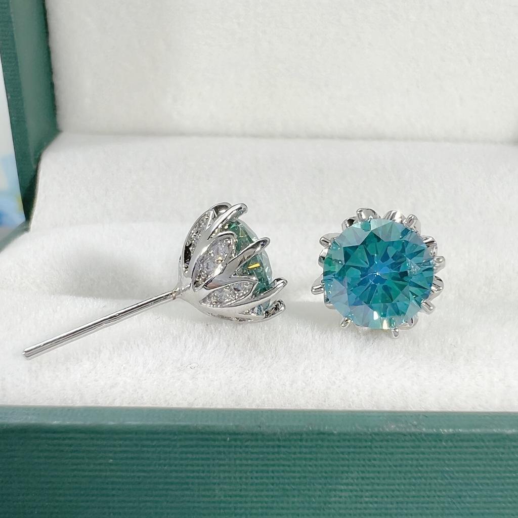 5a Blaugrüne Vermiculit-Ohrringe, 2 Karat, acht Krallenknospen, eingelegte Vermiculit-Blume, gelbe Diamant-Ohrringe