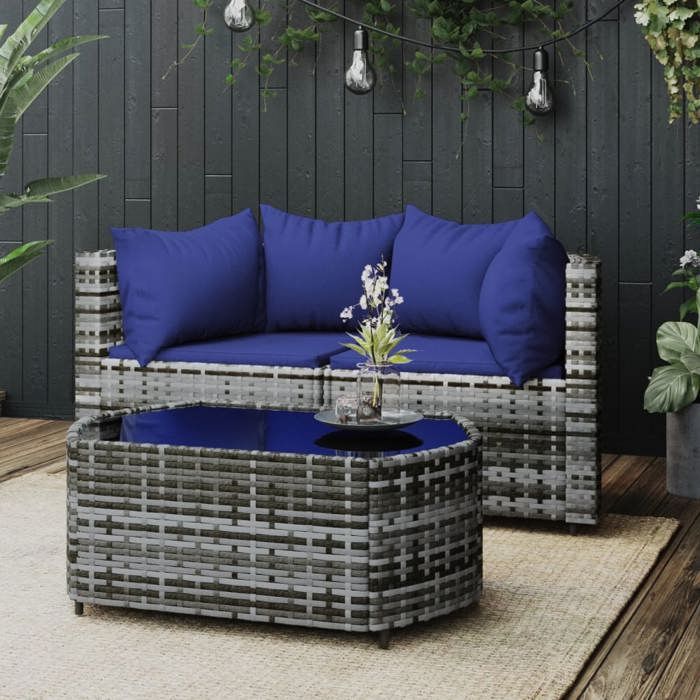 VidaXL Salon de jardin 3 pcs avec coussins Gris Résine tressée, ensemble de salon d'extérieur, ensemble de mobilier 319855