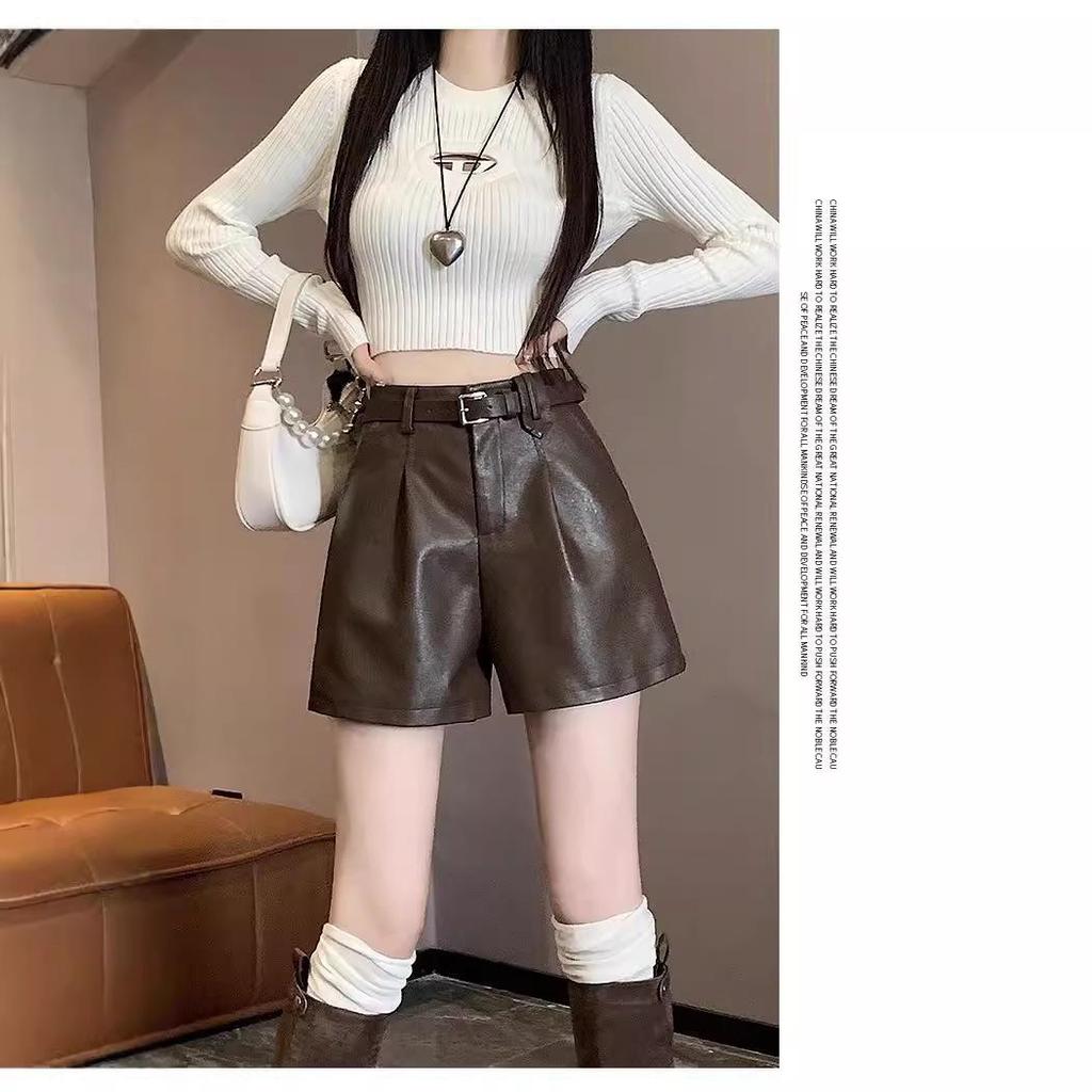 Women's PU Leather High Waist A-Line Shorts - Black, Autumn/Winter 2024 Collection, Slimming Wide-Leg, Casual Loose Fit.