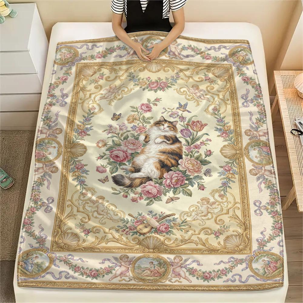 Cat Flower Print Flannel Blanket, High quality Comfortable for All Seasons, Home Decor, Warmth and Comfort, Perfect for Christmas Gifts43