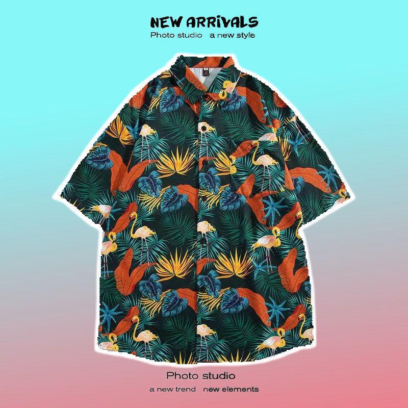Pánská košile s krátkým rukávem v retro květinovém stylu ve stylu Hongkongu - Havajský design, Rebelská, Všestranná, Volný střih, Letní nošení, Ideální pro páry.