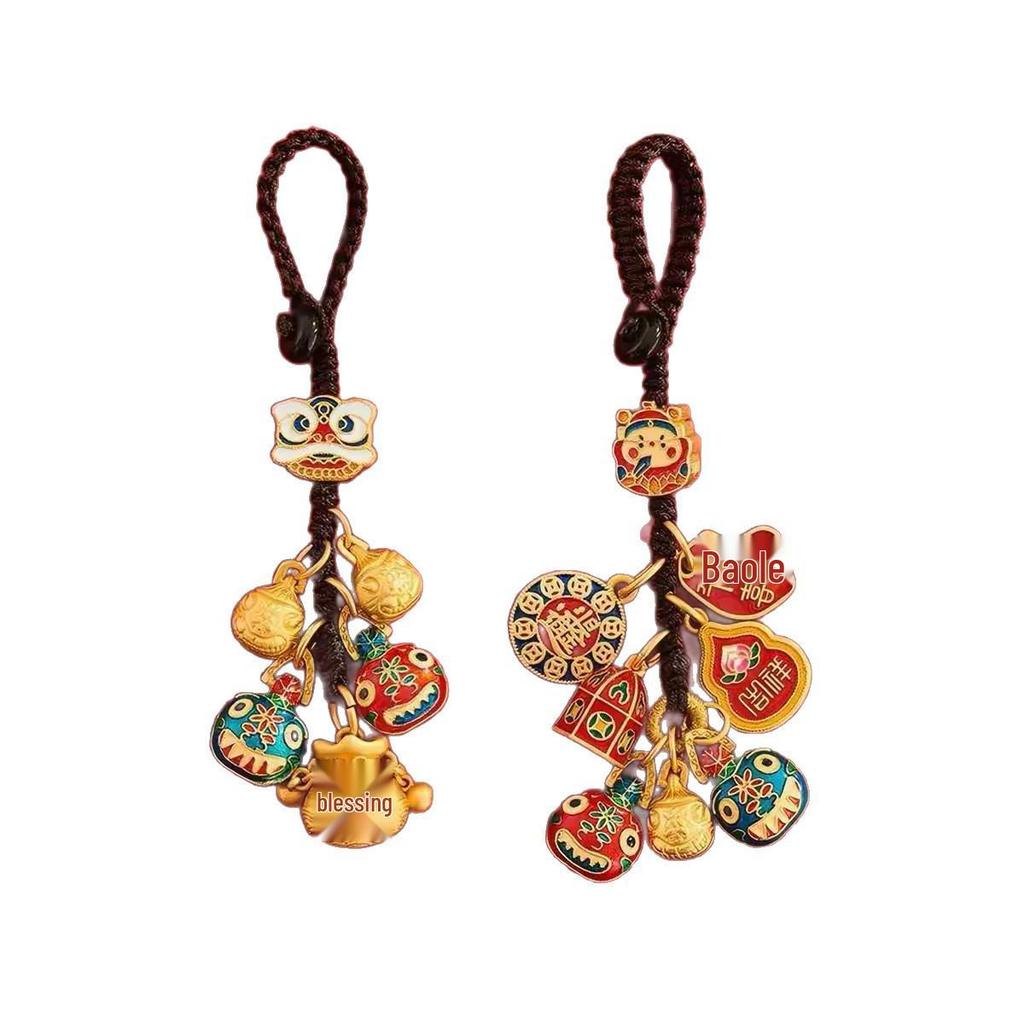 Gold Sand God of Wealth Family Keychain Pendant: Fortune & Gold-Devouring Beast Design