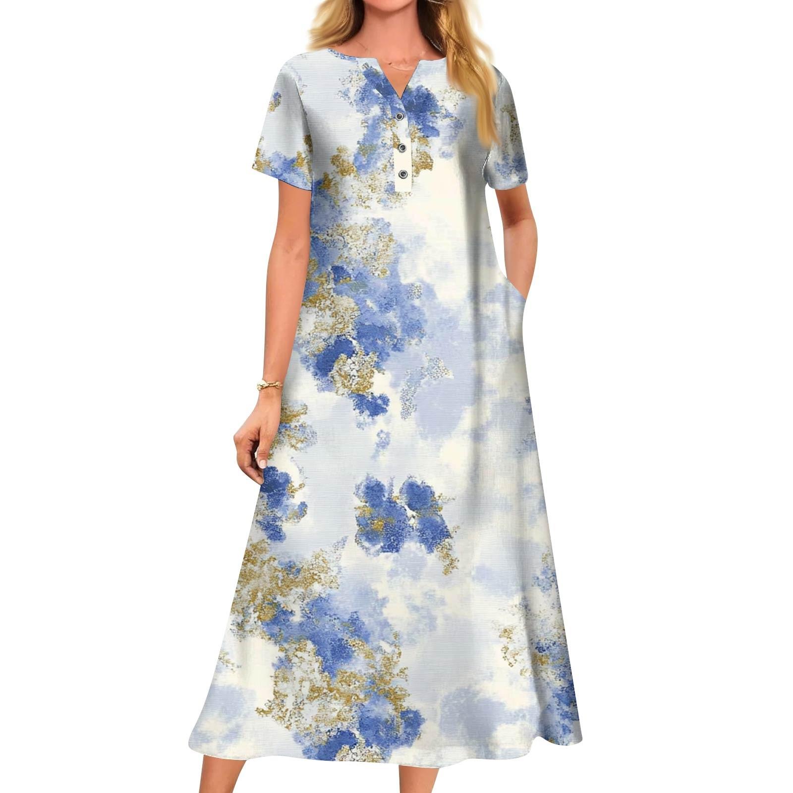 

Женское летнее платье свободного кроя с принтом, V-образным вырезом и короткими рукавами XL небесно-голубой