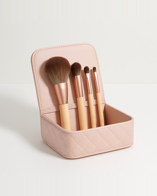 Juego de 5 brochas de maquillaje de viaje con bolsa, kit de mini brochas cosméticas portátiles para polvos, rubor, base, brocha para pulir sombras de ojos