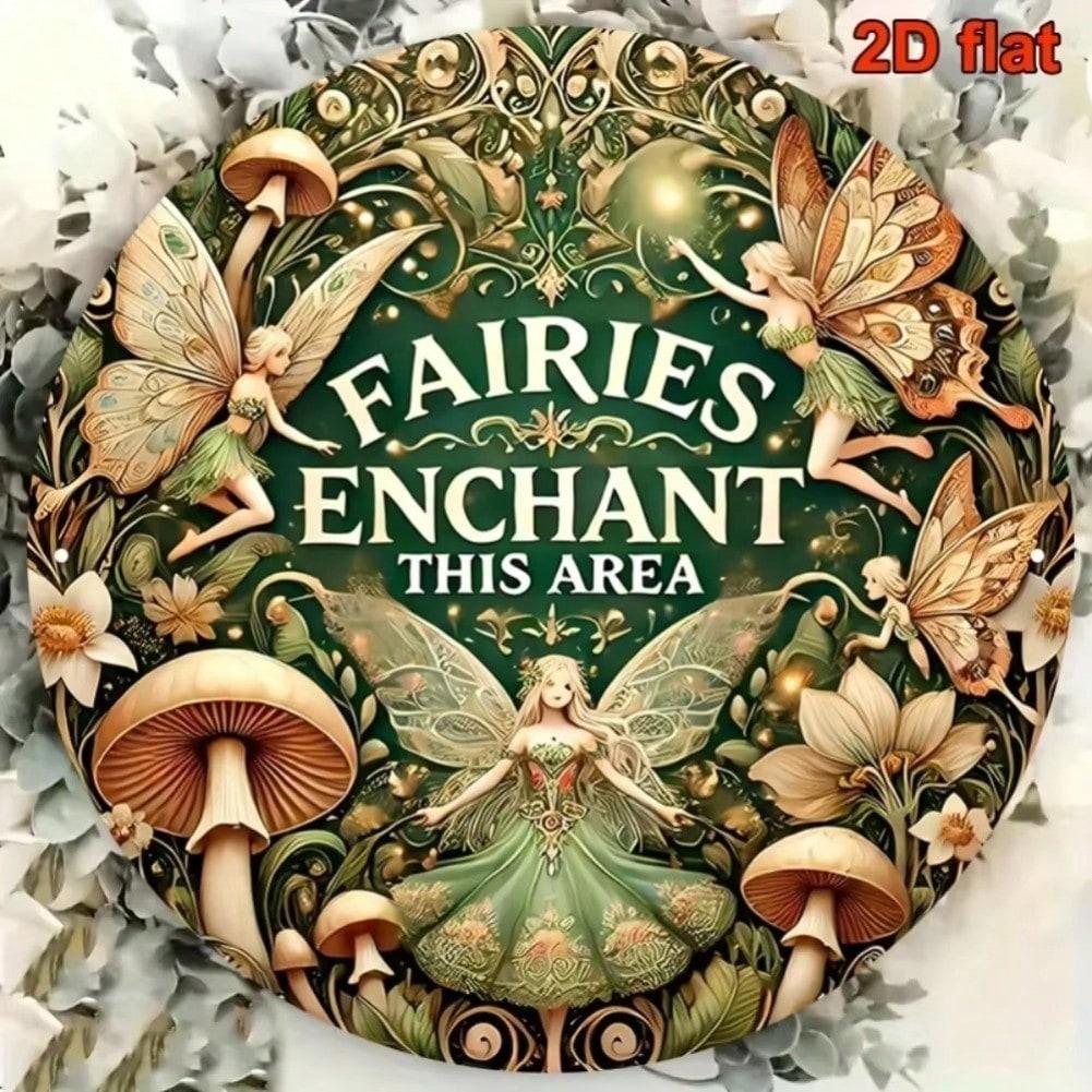 Flat Enchanted Fairy Wall Art Round Aluminum Sign Vibrant Mushroom Decor Plaque