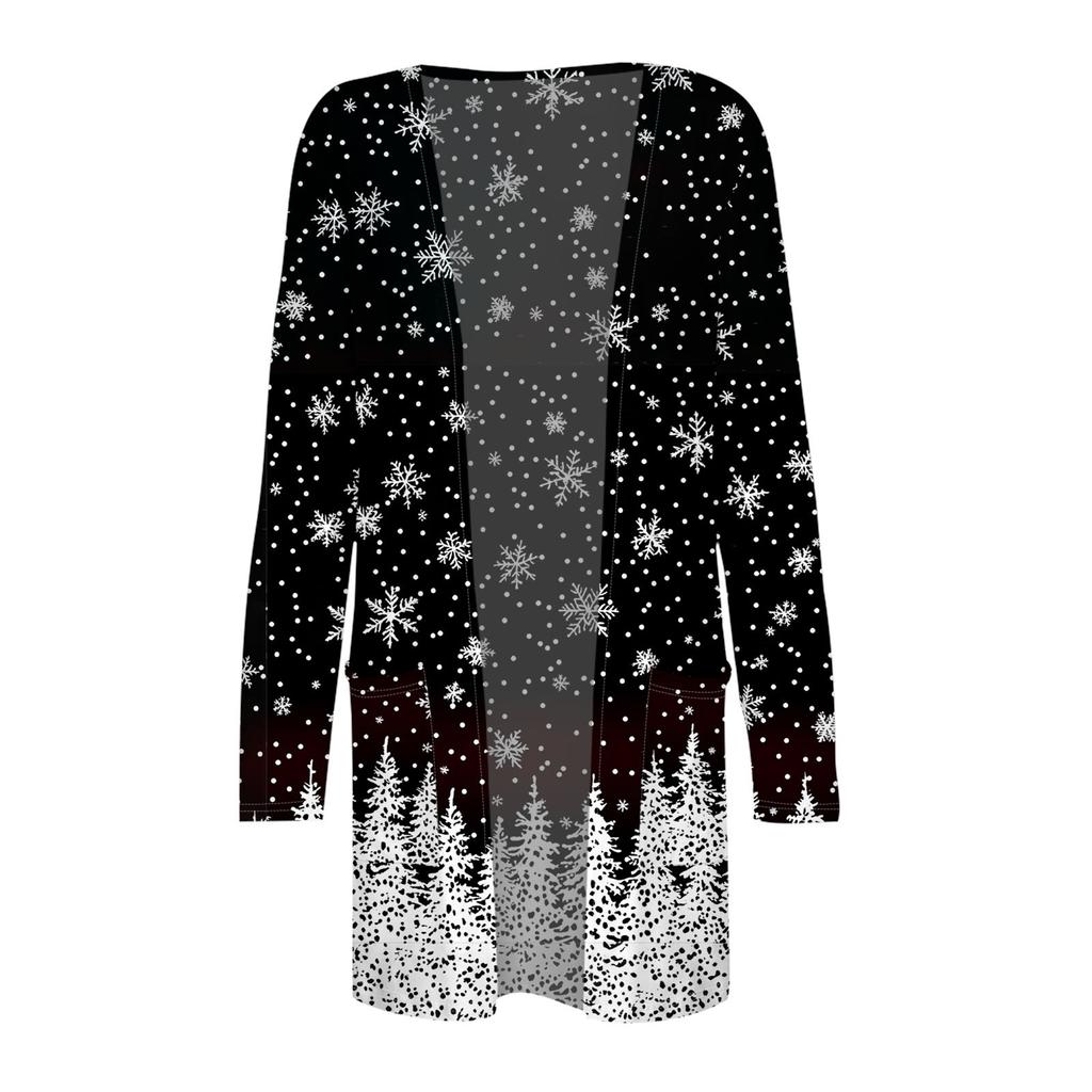 Women's Fashion Casual Christmas Printed Mid-Length Cardigan Long Sleeve Jacket