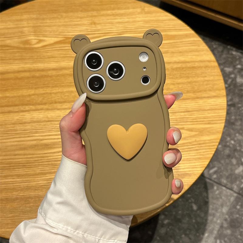 Cute Bear Ear Protective Case for iPhone 11/13/14/15/16/17 Pro with Heart Design