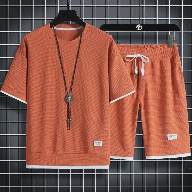 Ice Silk Waffle Sports Set: Loose Half-Sleeve T-Shirt & Half-Pants for Summer Leisure