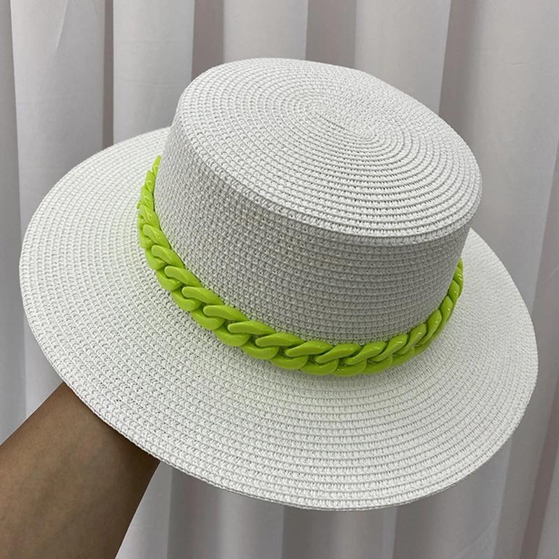 Nieuwe Kleur Ketting Platte Top Unisex Jazz Strooien Hoed Buiten Vrouwen Zeevakantie Zon Strand Hoeden Mode Zomer Panama Emmer Hoed