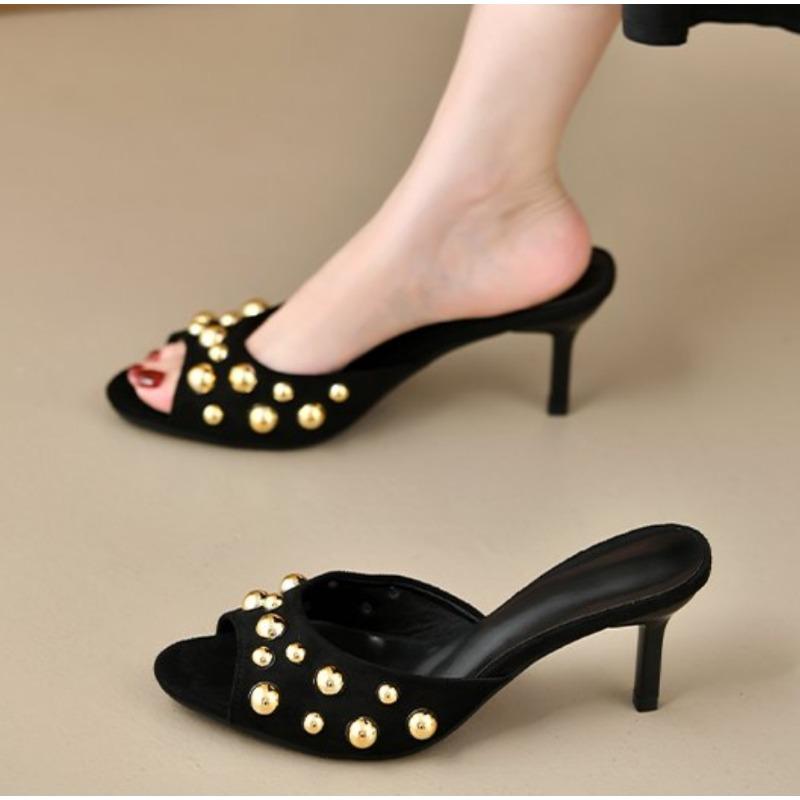 2025 Sommer Damen High Heel Hausschuhe Dünne Absätze Ein Tritt Nieten Kleid Sandalen Outdoor Mode Offene Zehen Stiletto Schuhe Mujer
