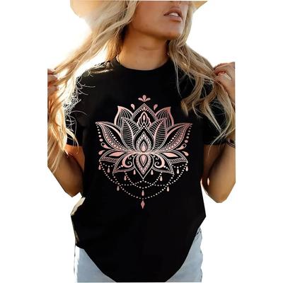Women's Flower Pattern T-shirt O-neck Short Sleeved Casual Printed T-shirt Street Wear Fresh and Fashionable