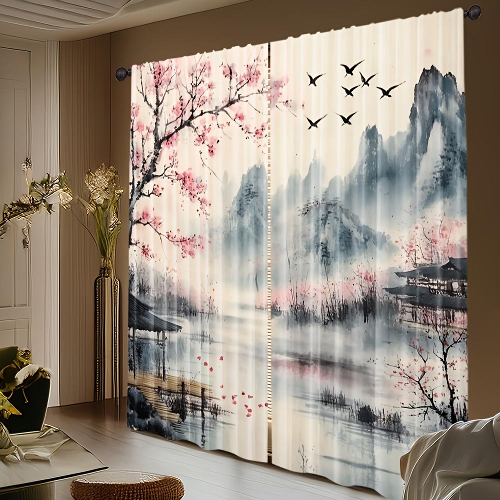 2PCS Asian Scenery Sheer Curtains Cherry Blossom Mountain Pagoda Rod Pocket for Living Room Bedroom Office (Rod Not Included)