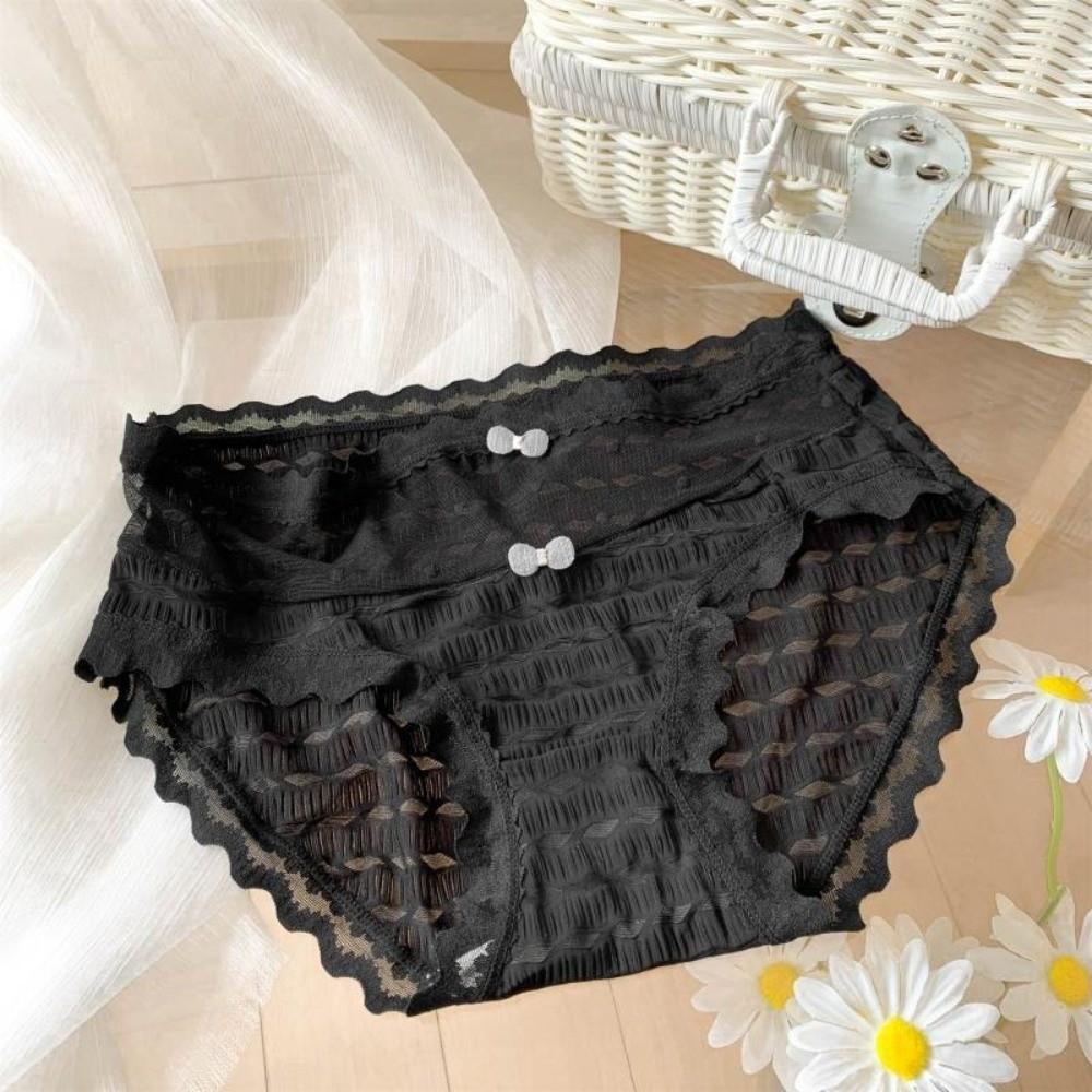 Mid Waist Underwear for Women Bow Mesh Briefs Summer Lace Seamless Panties Female