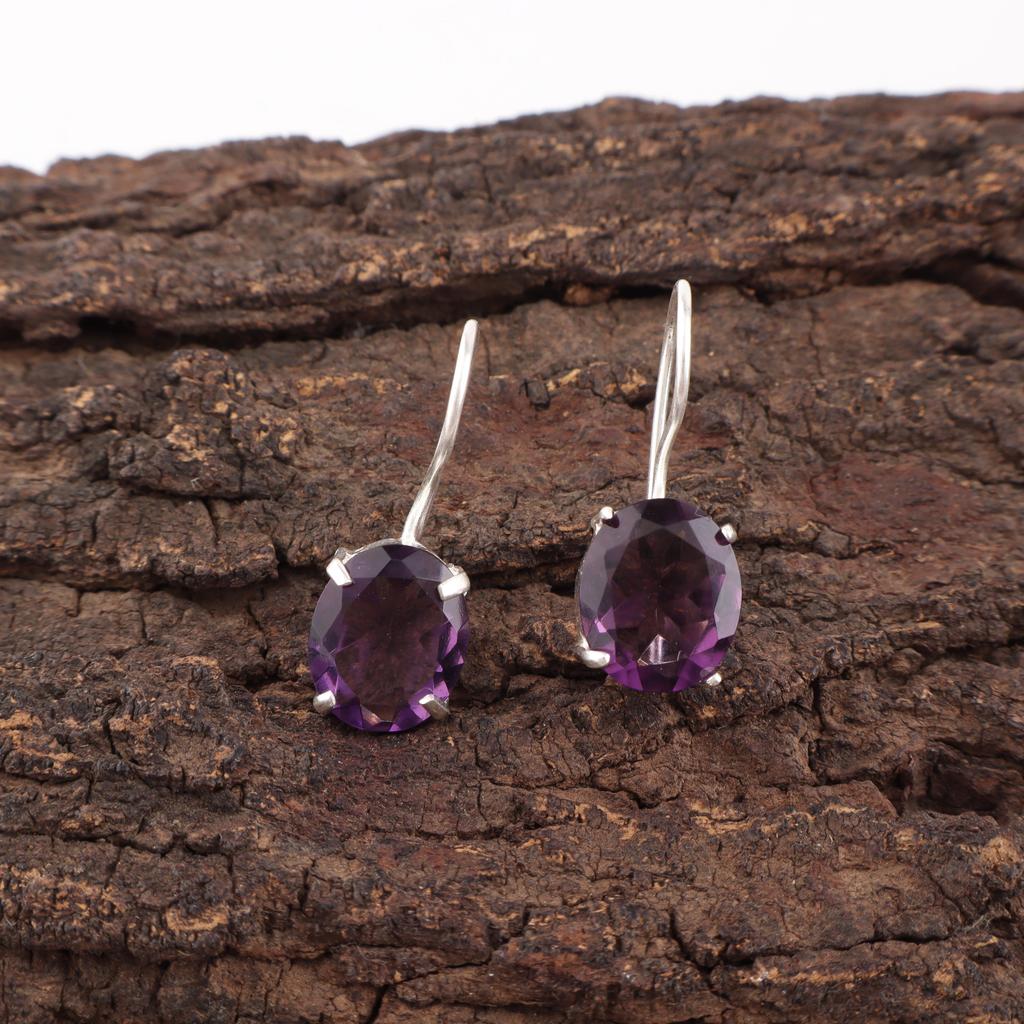 Amethyst Earrings, Gemstone 925 Sterling Silver Boho Jewelry , Handmade Earrings Amethyst Oval Earrings For Anniversary Gift