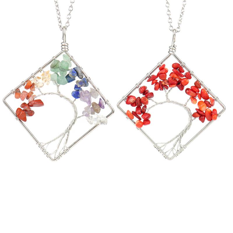 Wrapped Colorful Natural Stone Crystal Square Curved Tree Of Life Pendant Necklace N08 Fresh And Sweet