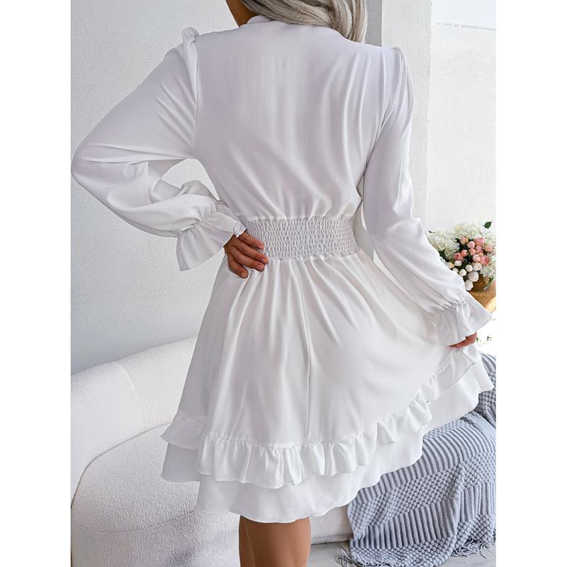 Abiti Donna Primavera Estate Sexy con Fiocco a Svasatura Manica Lunga Linea ad A Colore Unico Scollo a V Mini Abito Arricciato