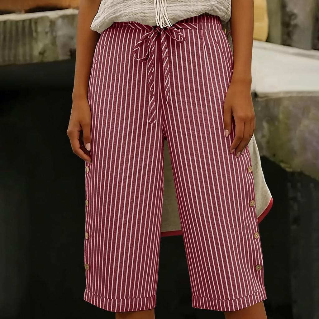 Dames Zomer Mode Gestreept Elastische Taille Vijfkwart Broek Casual Losse Zak Shorts