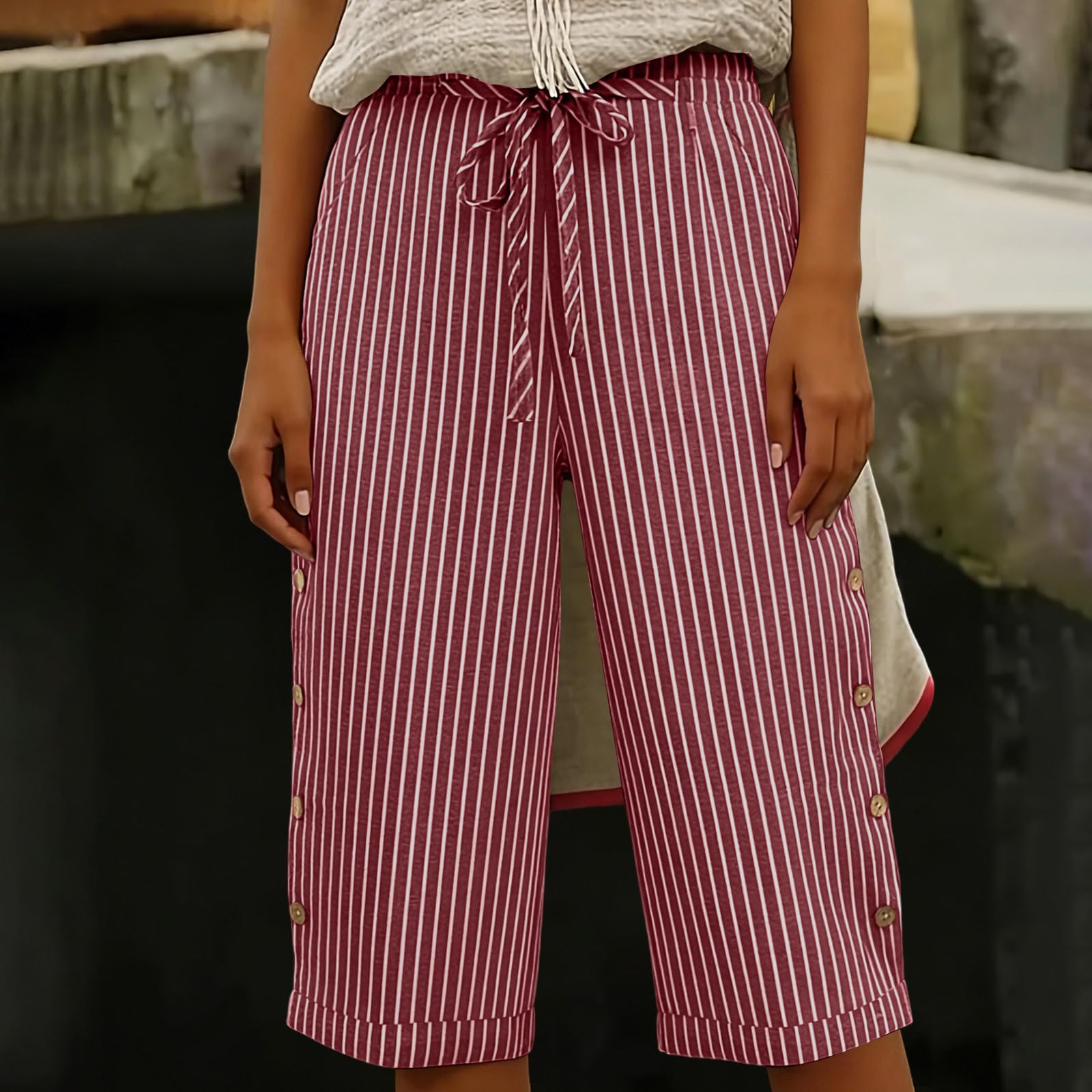 

Women s Summer Fashion Striped Elastic Waist Five Quarter Pants Casual Loose Pocket Shorts XL винний