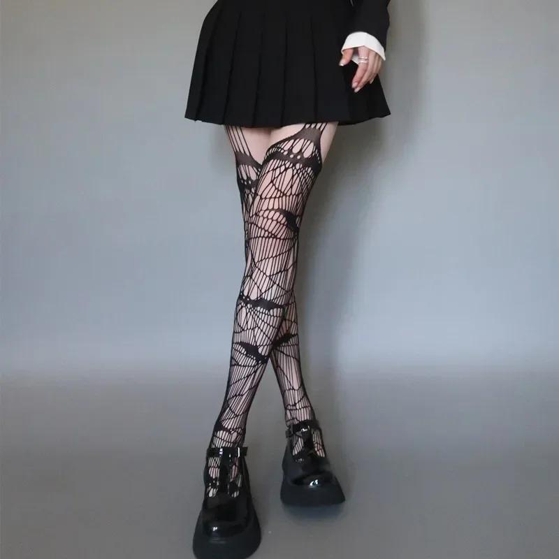 Gothic Fledermaus Muster Lange Sexy Netzstrümpfe Punk Frauen Harajuku Alternative Mesh Strumpfhosen Oberschenkel Hohe Strumpfwaren Halloween