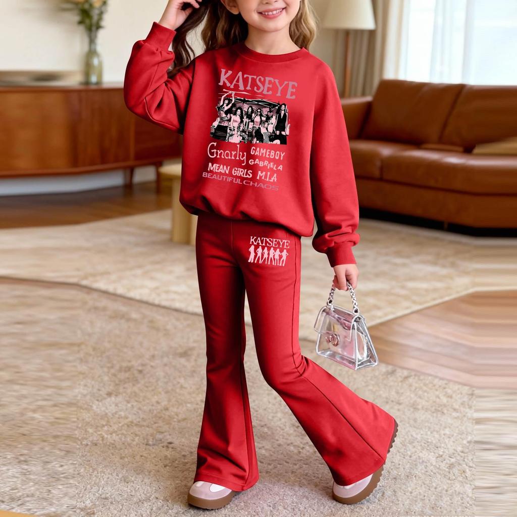 Kids Printed Long Sleeve Neck Top and Pants Set, Casual Loose Fit Outfit for Boys Girls