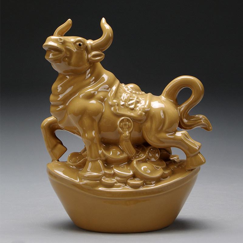 Earthy Yellow Ceramic Zodiac Ox Figurine: Soaring Spirit Auspicious Mascot for Home Relaxation