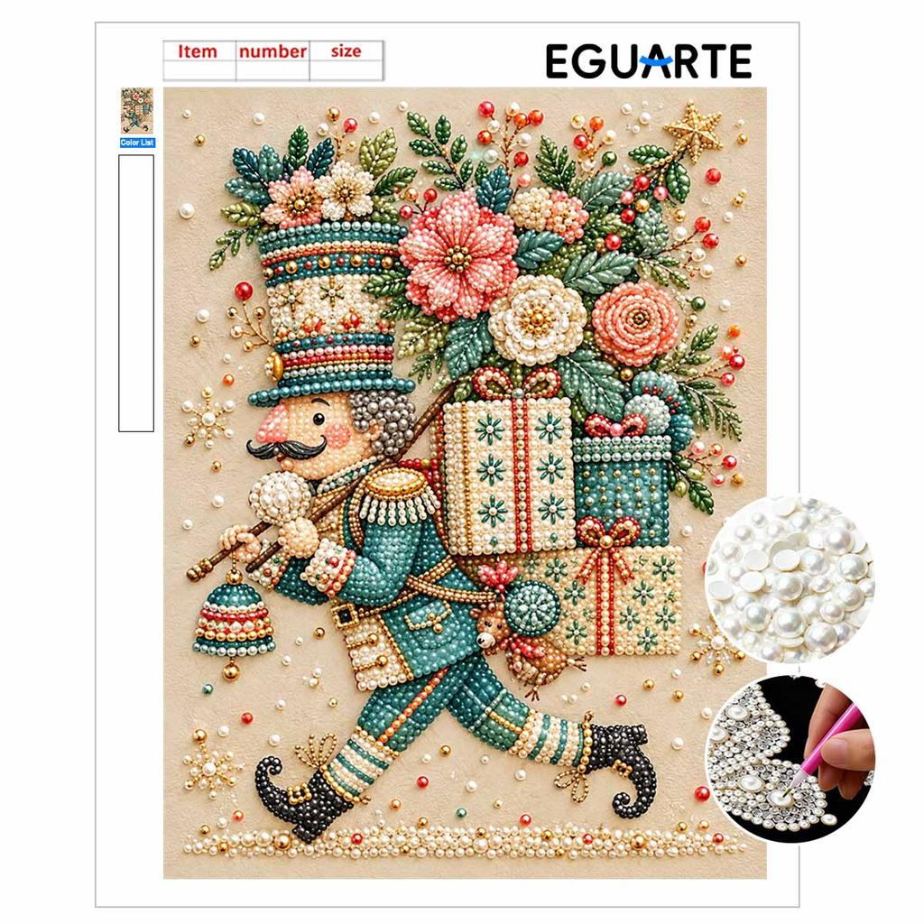 Christmas Nutcracker Pearl Bead Painting Kit with Frame Shiny Canvas Art for Creative Craft Home Decoration and Gift Holiday Wall Decor