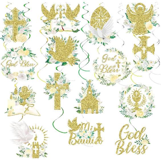 36 Pcs Gold Floral Cross Hanging Swirls Decorations Set, First Holy Communion Ceremony Religious Party Swirls Streamers Supplies Ceiling Decor for