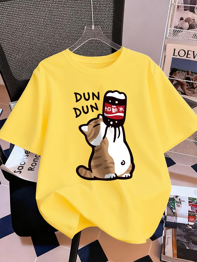 Drink Cartoon Dun Dun Cat Prints TShirts Womens Cotton Summer Short Sleeve T Shirt Loose Soft ONeck Tops Casual Womans Clothes