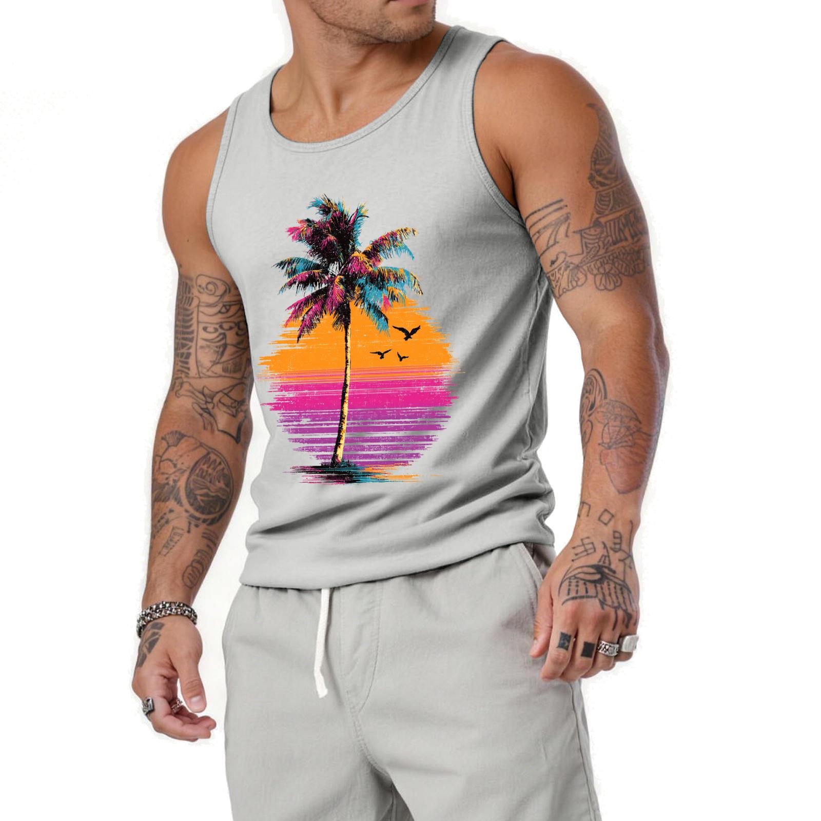 

Mens Sleeveless Tank Top with Tree and Graphic Print Casual Relaxed Fit Beachwear Shirt XL білий