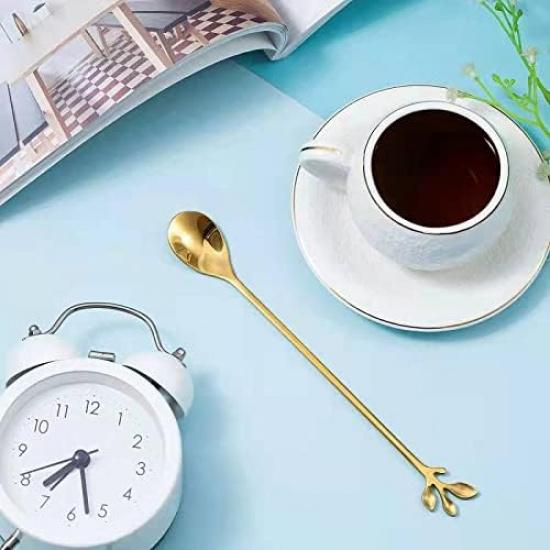 Long Handle Ice Tea Spoons Set Ice Cream Leaf Spoon Stainless Steel Cocktail Stirring Spoon Gold Coffee Spoons For Coffee Bar Dessert Hottea Shakes