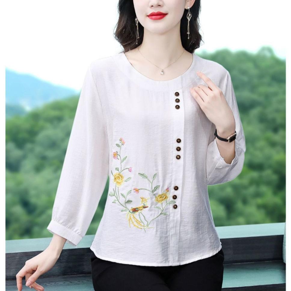 Spring Summer New Women Fashion Casual Office 3/4 Sleeve Embroidery Cotton Linen Big Plus Size Top T-Shirt L-5XL