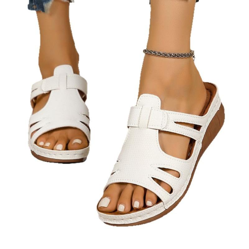 Damen Sandalen mit breiter Weite und Ausschnitt - Peep-Toe Plateau-Pantoletten für Sommer, lässige Keilabsätze