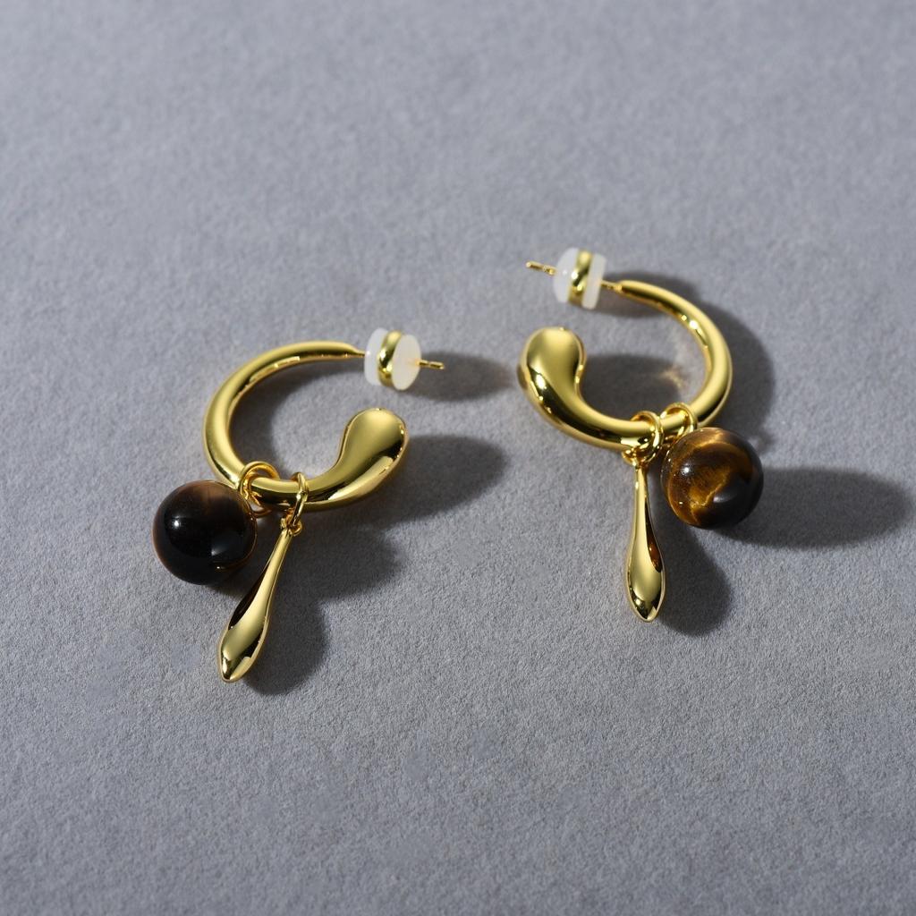Maillard Wind Ancient Tiger'S Eye Pendant Earrings S925 Silver Needle Earrings Retro Niche Design Earrings