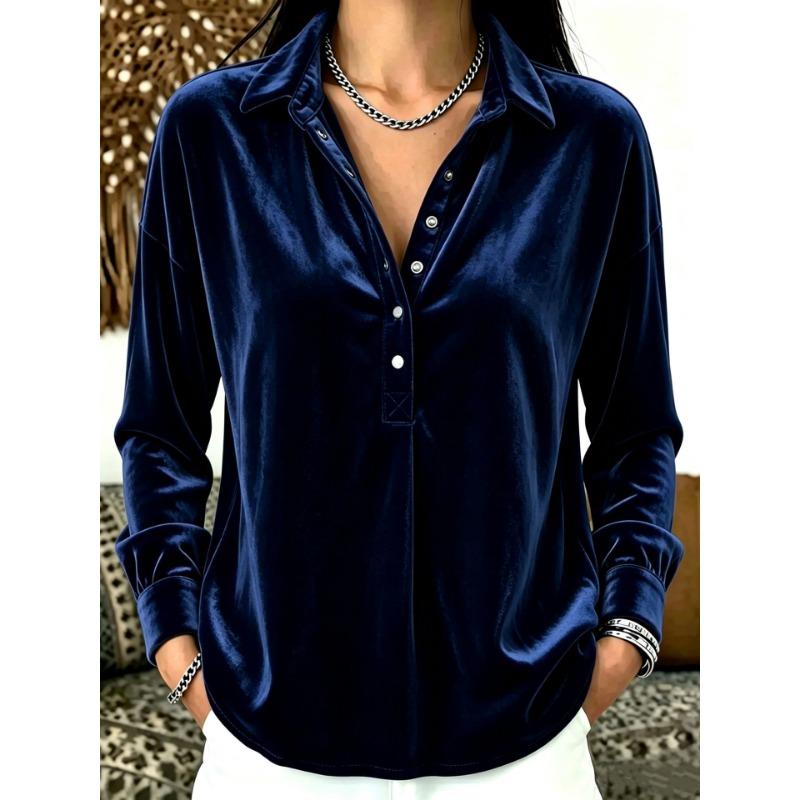Women S Casual Velvet Solid Lapel Half Button Shirt