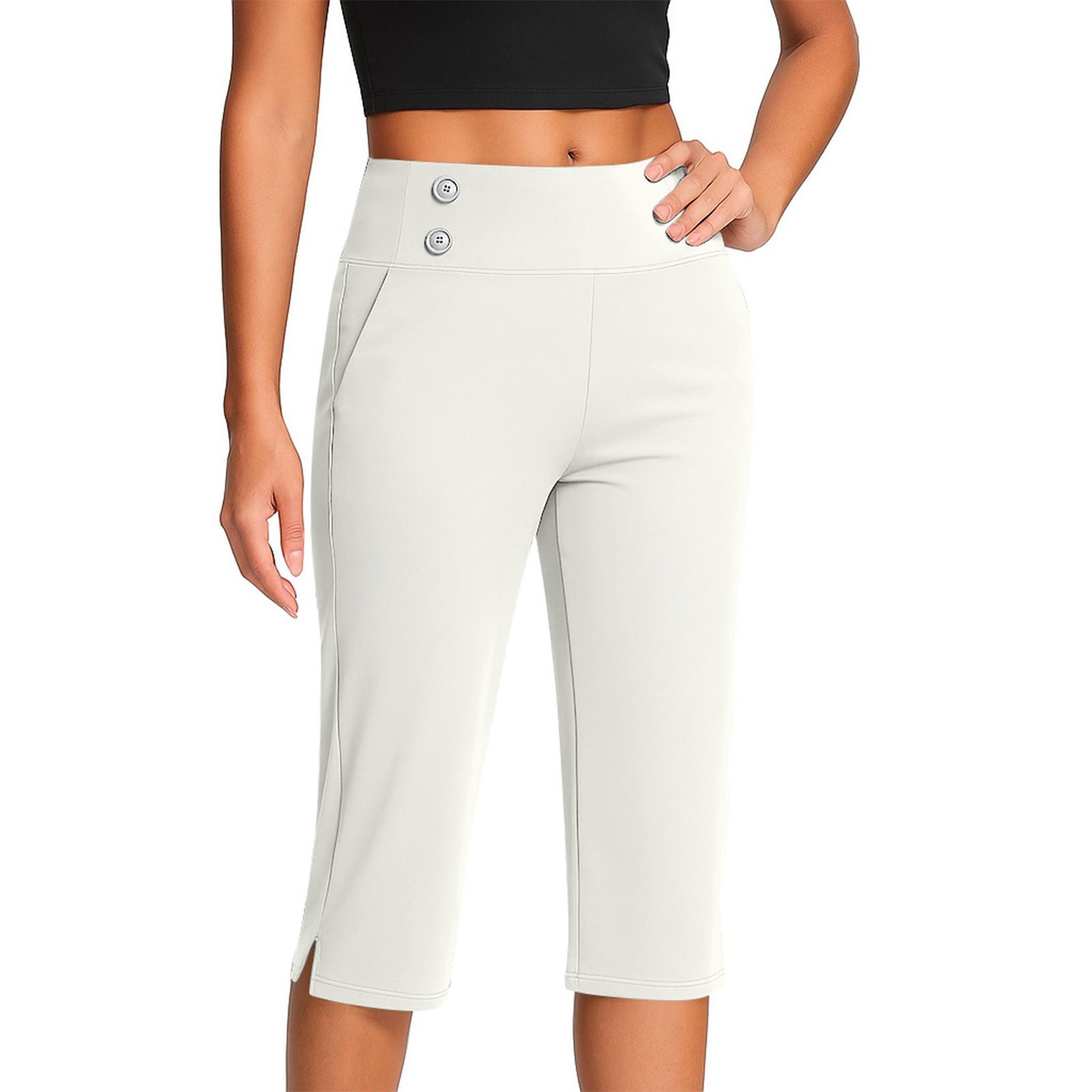 

Женские модные однотонные брюки с карманами на пуговицах и разрезами по низу, укороченные спортивные брюки для йоги с высокой талией L белый