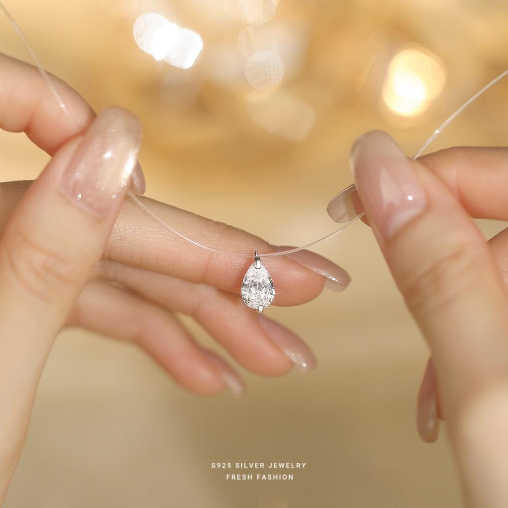 S925 Mermaid's Tears Necklace: Elegant Zircon Pendant on Invisible Fishing Line with Simple Luxury Clavicle Chain for Women