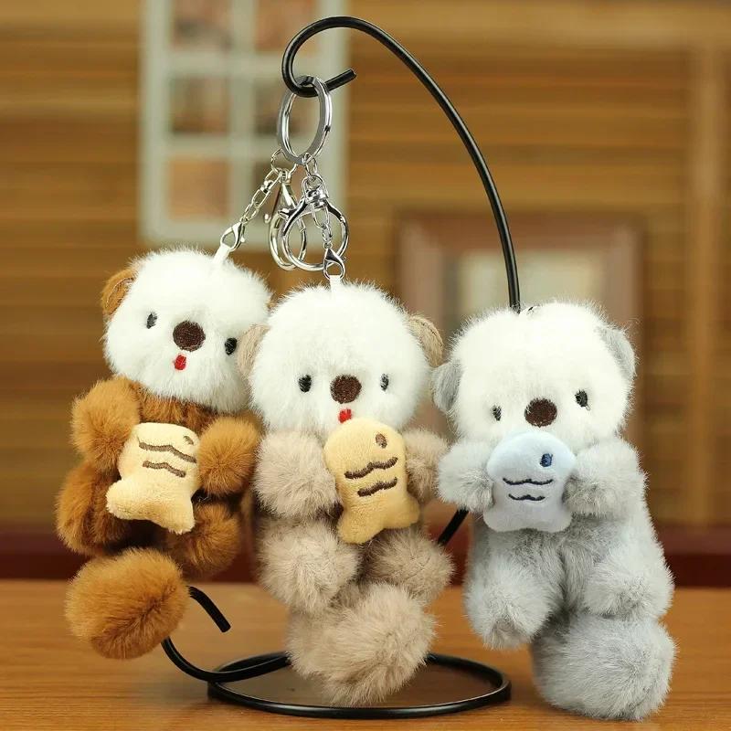 Cute Plush Otters Holding Fish Stylish Backpack Lovely Animal School Bag Key Wallet Pendant Toy Student Gift Bag Charm