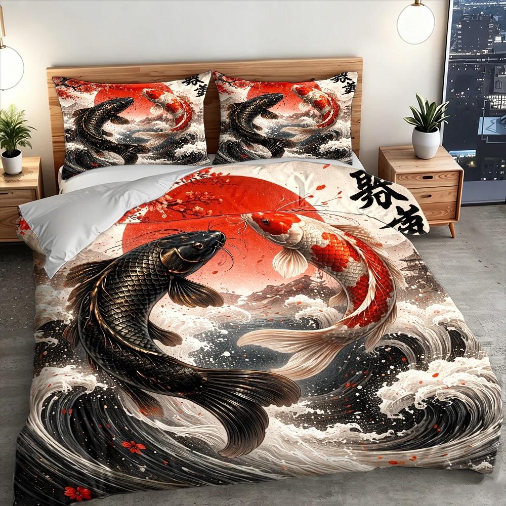 Japanese Artistic Koi Fish Wave Print Duvet Cover Set 3Pc Bedding with 2 Pillowcases Invisible Zipper Machine Washable