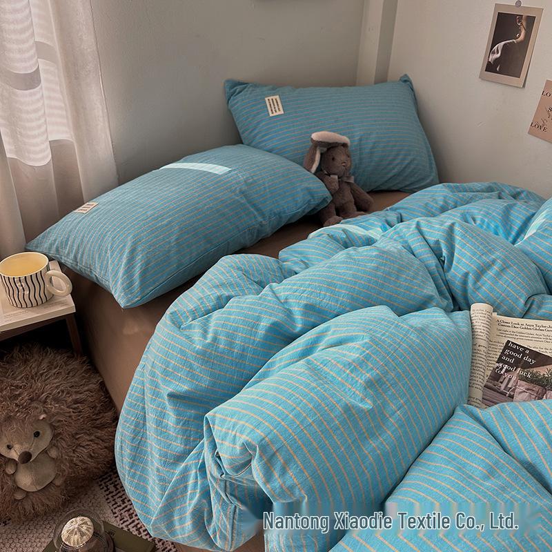 Blogger Style Cotton Striped Bedding Set - 4-Piece Duvet & Sheet Set, Home & Student Use