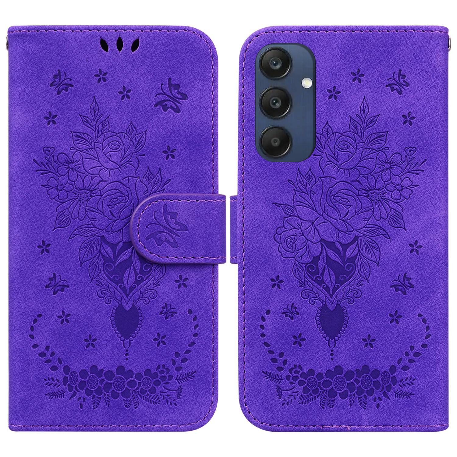 

For Samsung Galaxy M35 5G Case Butterfly Flower Imprint PU Leather Wallet Phone Cover Purple