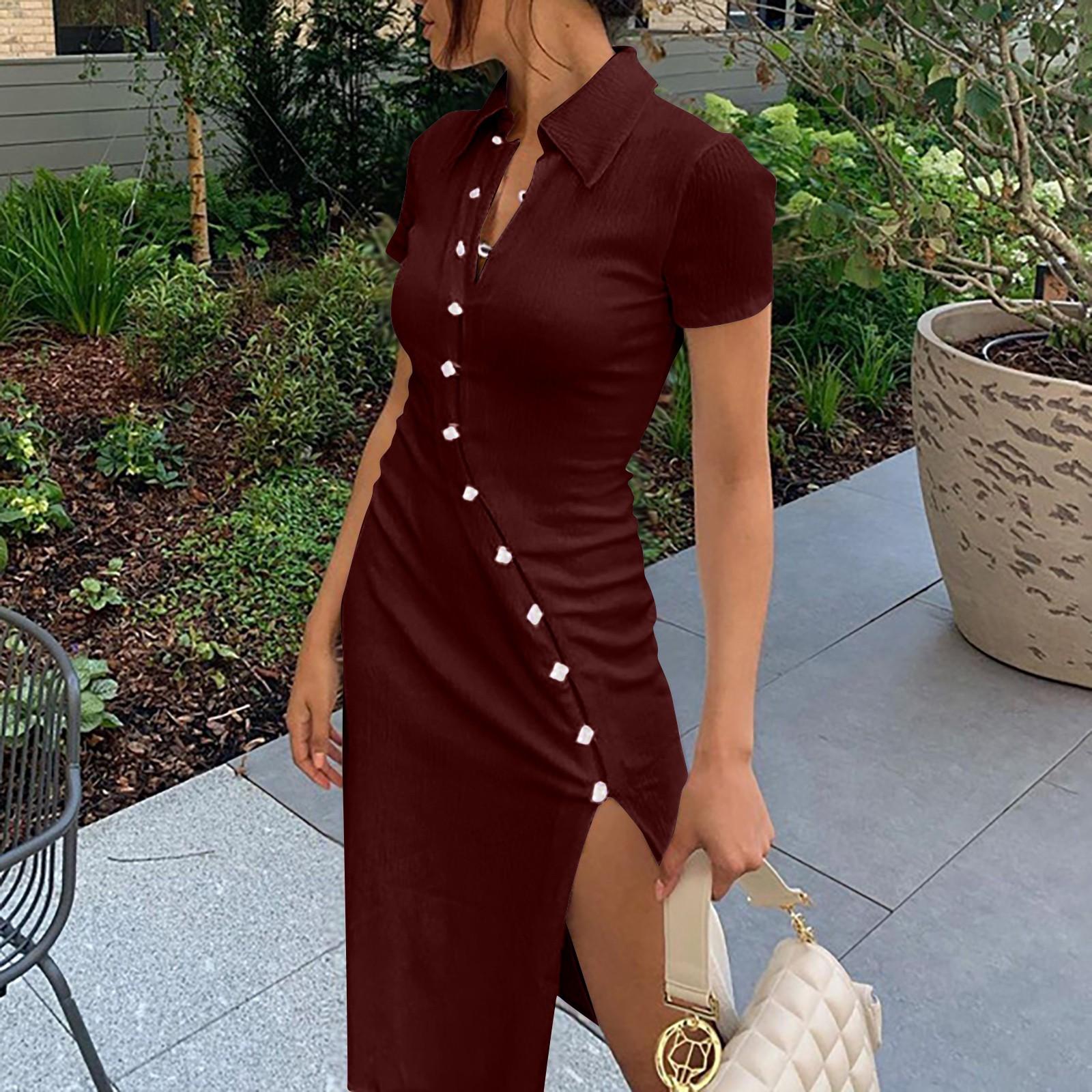 

Жіноча сексуальна сукня з коміром на гудзиках і розрізом XL винний